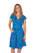 OM Designs OM Design Rose Wrap Dress - Abstract Blue OM Design Rose Wrap Dress - Abstract Blue Splash Swimwear Womens Clothing