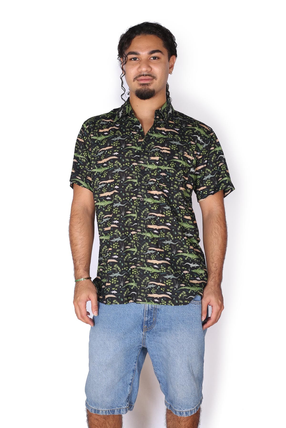 OM Designs OM Designs Mens Shirt - Brooke Croc Black Men's Cotton Shirt - Crocodiles Splash Swimwear Mens Shirt