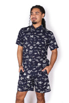 OM Designs OM Designs Mens Shirt - Navy Fish Men's Cotton Shirt - Crocodiles Splash Swimwear Mens Shirt