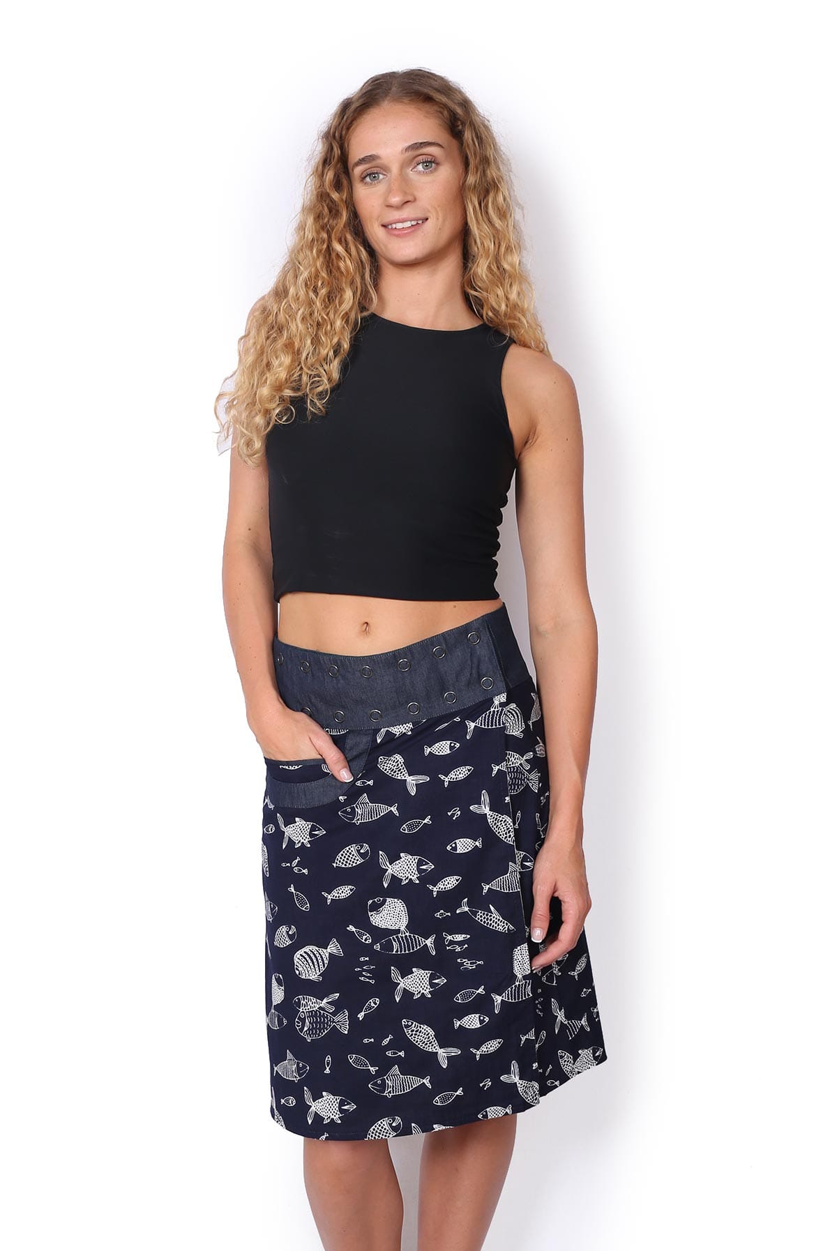 OM Designs OM Designs Reversible New Energy Skirt Long - Navy Fish/Crocodiles 46927671041753 OM Designs Reversible New Energy Skirt Long - Navy Fish/Crocodiles Splash Swimwear Skirt O/S 86927671041753