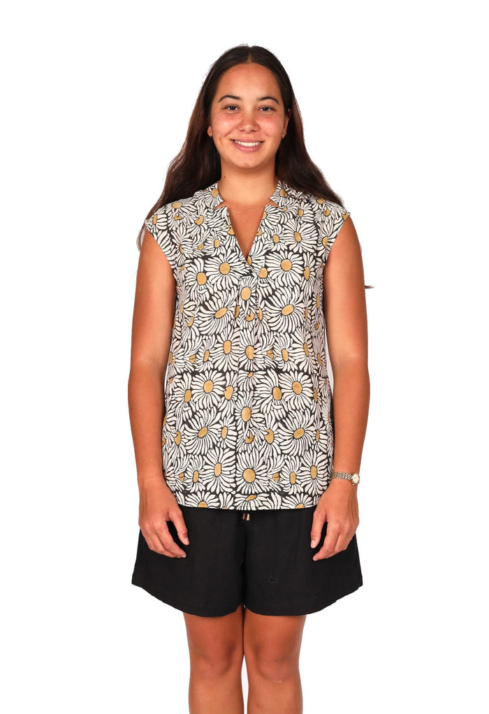 OM Designs Tops Tulip Top - Black Sunflower Block Print