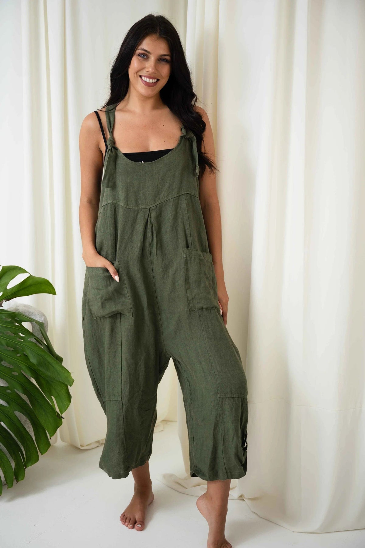 Portofino Jovie Baggy Linen Jumpsuit Jovie Baggy Linen Jumpsuit Splash Swimwear Playsuits & Jumpsuits Khaki / O/S 134511KH