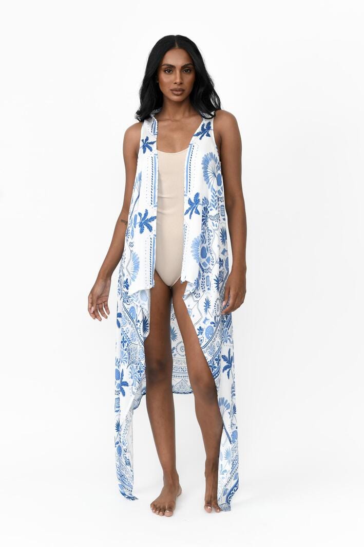 Possi the Label Freya Duster Vest - Blue & White PLT-FDV202 Splash Swimwear Clothing O/S 794712263944