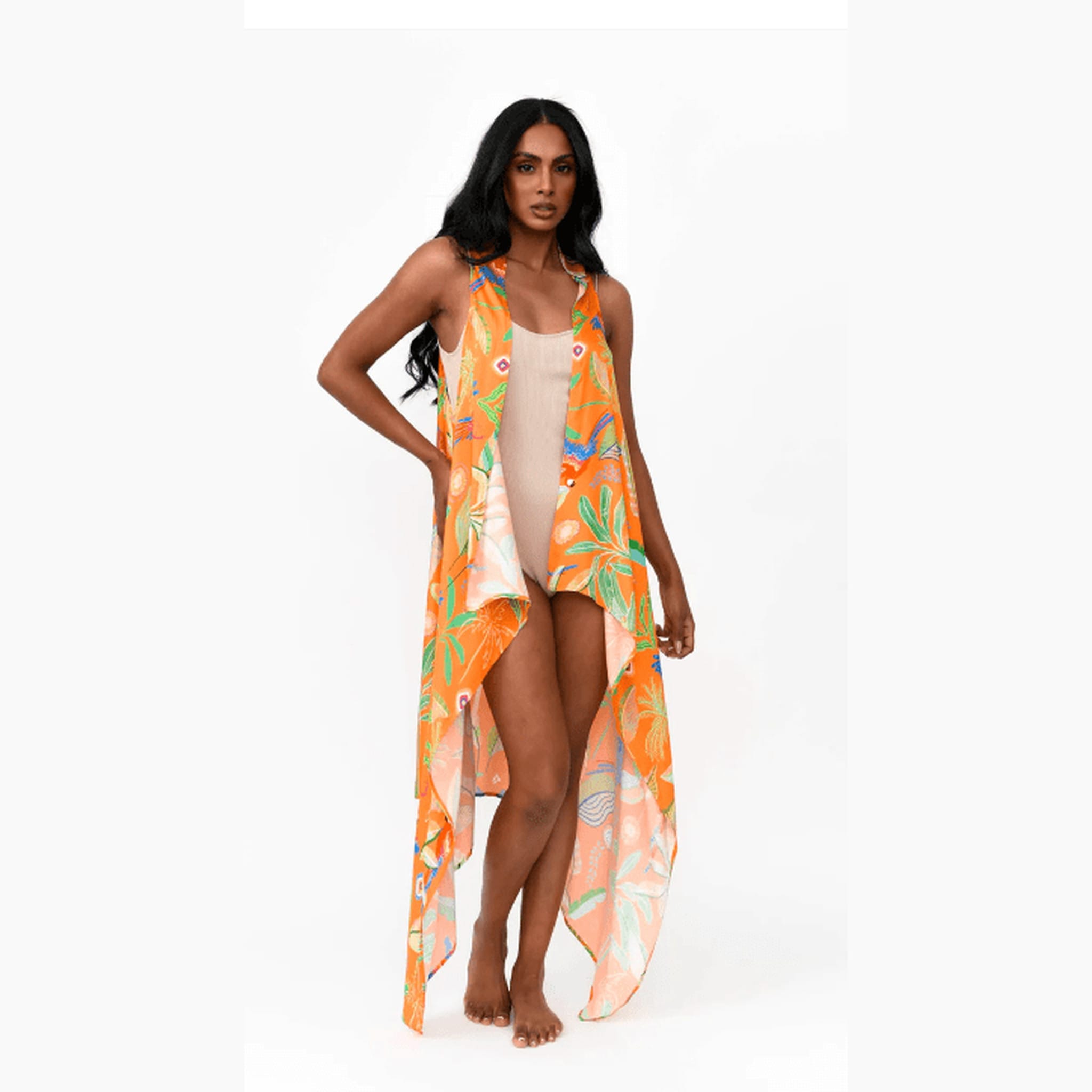 Possi the Label Freya Duster Vest Tropical Print - Orange PTL-FDV301 Freya Duster Vest Tropical Print - Orange Splash Swimwear O/S 794712264088