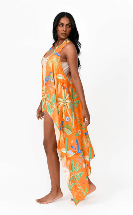 Possi the Label PTL-FDV301 O/S Freya Duster Vest Tropical Print - Orange Shop Freya Duster Vest Tropical Print - Orange | Australian Tropical Fashion | Splash Swimwear