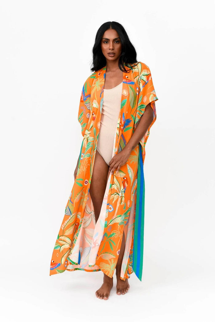 Zahlia Long Kimono in Tropical Print - Orange - Possi the Label - Splash Swimwear  - Dec22, kaftans & cover ups, kimonos, possi the label, Womens - Splash Swimwear 