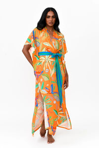 Possi the Label Zahlia Long Kimono in Tropical Print - Orange Splash Swimwear Clothing