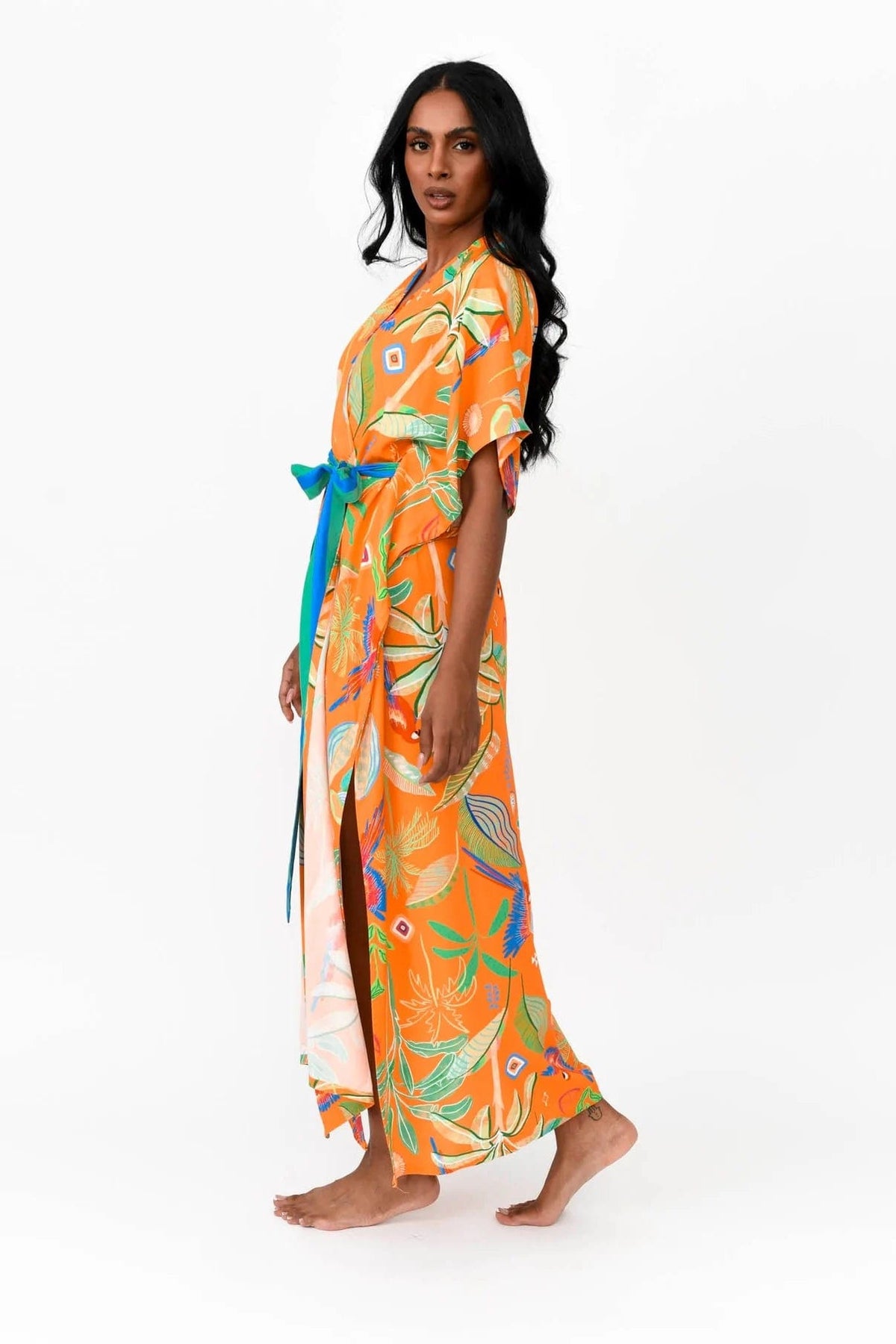 Possi the Label Zahlia Long Kimono in Tropical Print - Orange Splash Swimwear Clothing