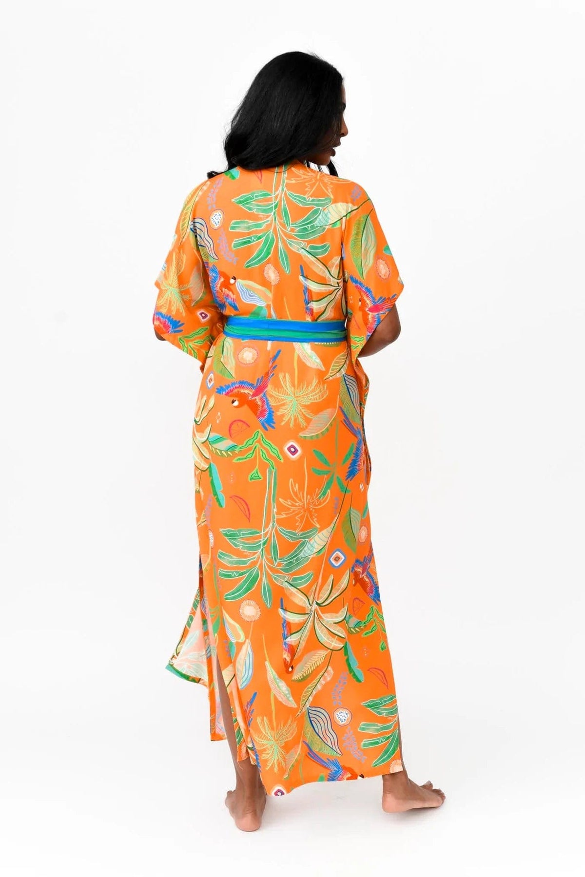 Possi the Label Zahlia Long Kimono in Tropical Print - Orange Splash Swimwear Clothing