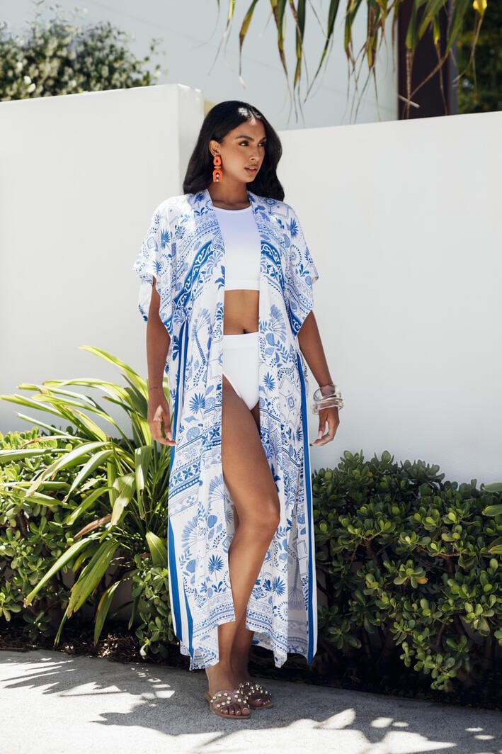 Possi the Label Zahlia Long Kimono Mediterranean - Blue & White Splash Swimwear Clothing