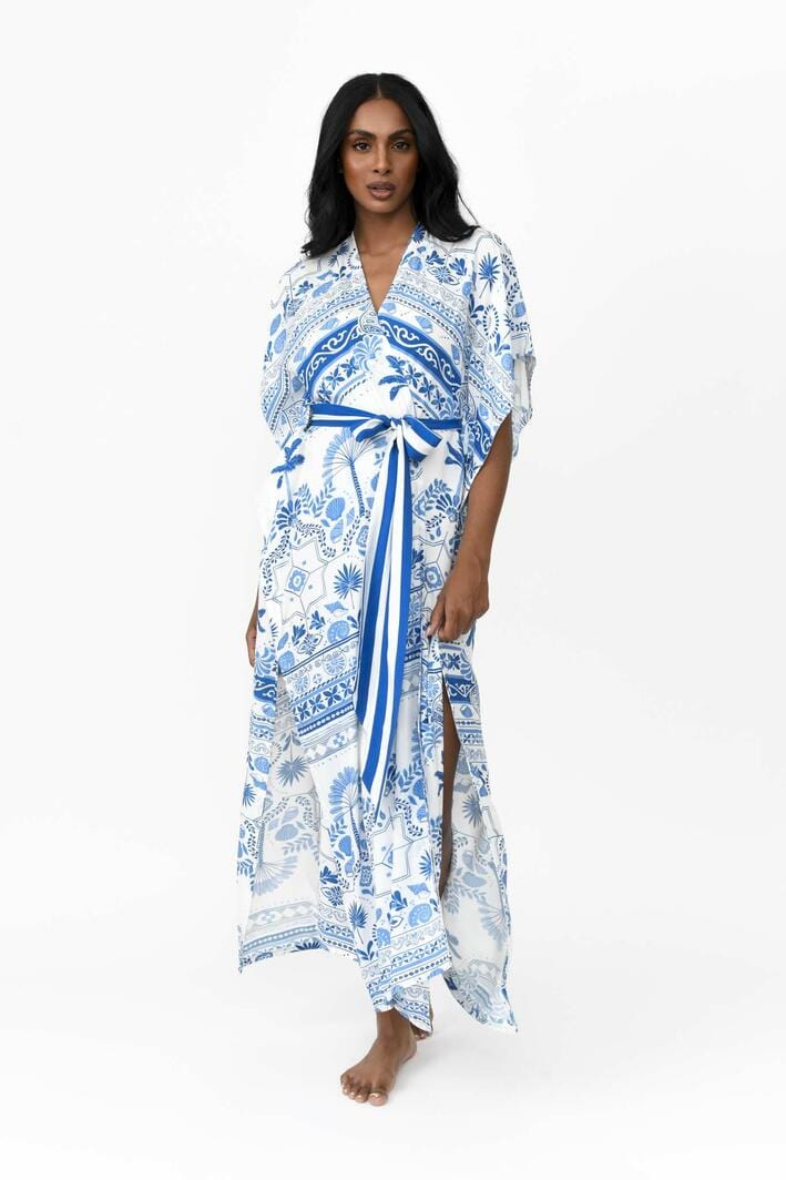 Possi the Label Zahlia Long Kimono Mediterranean - Blue & White Splash Swimwear Clothing