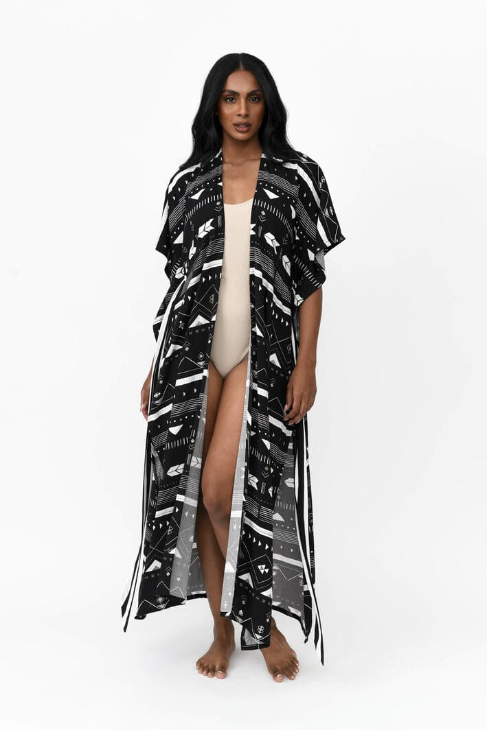 Zahlia Long Kimono Tribal - Black & Silver - Possi the Label - Splash Swimwear  - Dec22, kaftans & cover ups, kimonos, possi the label, Womens - Splash Swimwear 