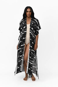 Possi the Label Zahlia Long Kimono Tribal - Black & Silver Splash Swimwear Clothing