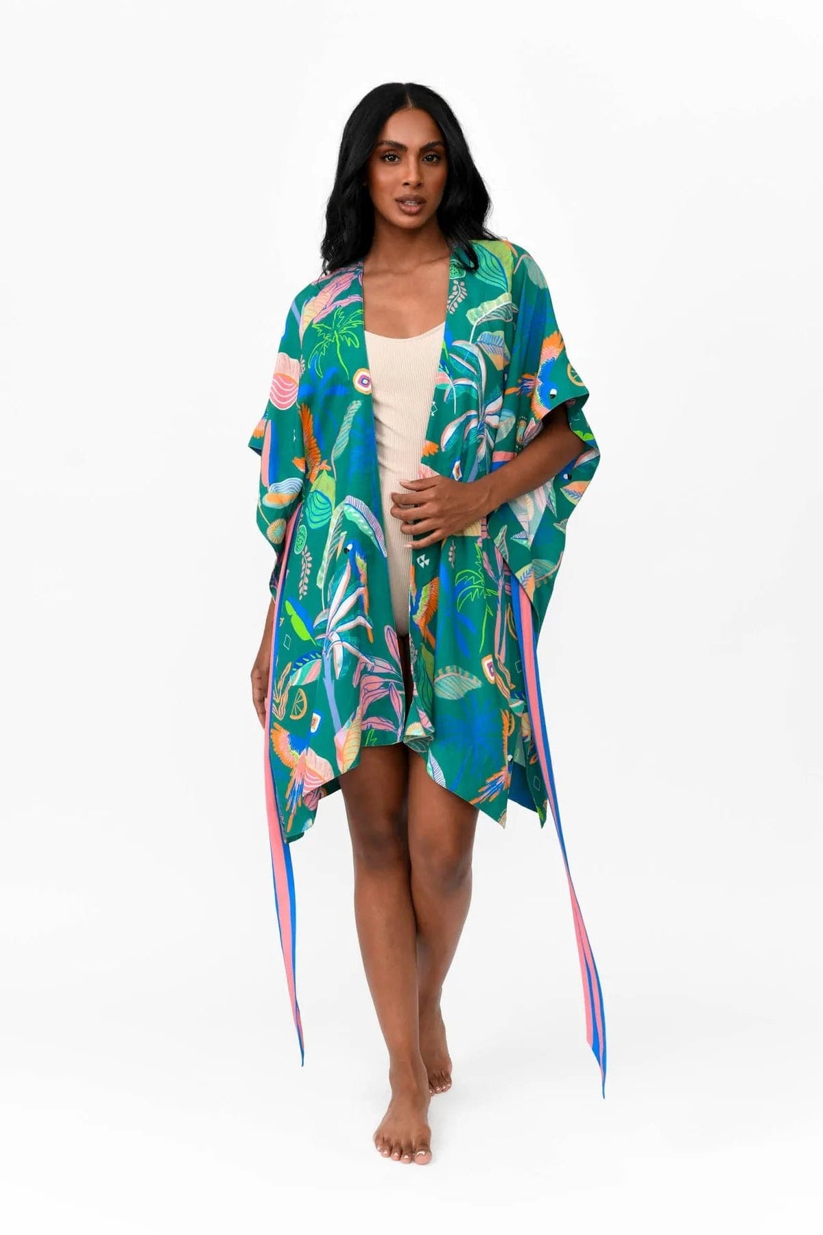 Zahlia Short Kimono in Tropical Print - Emerald - Possi the Label - Splash Swimwear  - Dec22, kimonos, possi the label, Womens - Splash Swimwear 