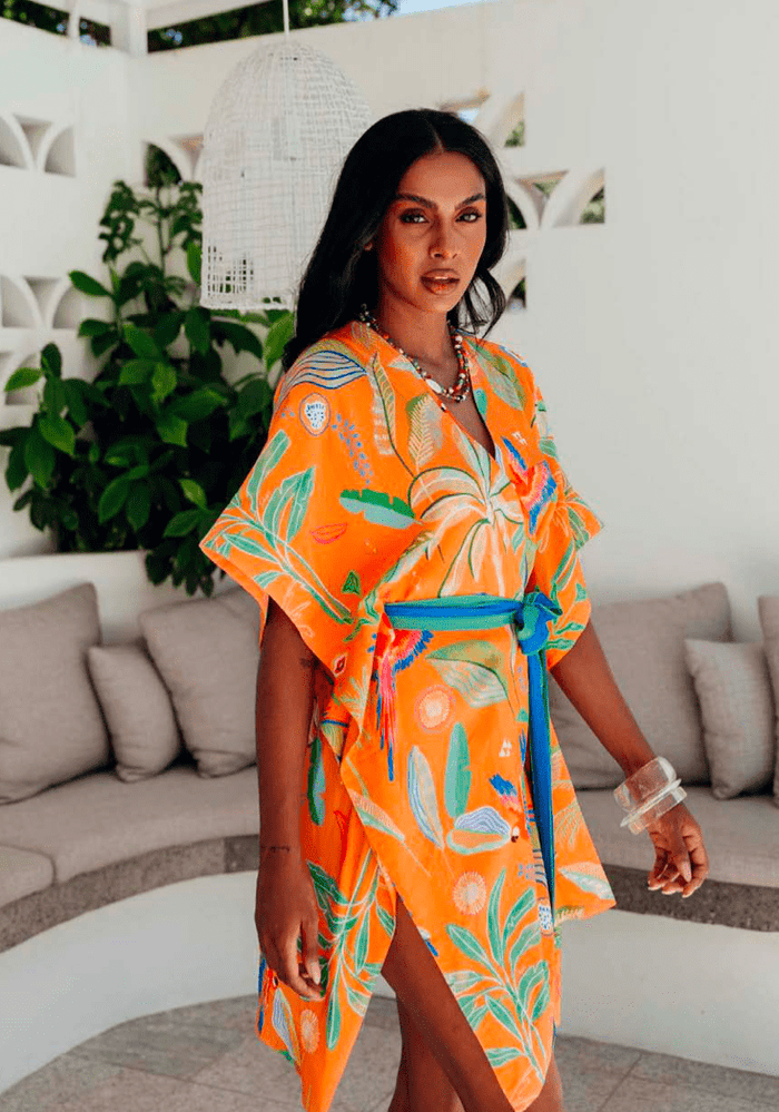 Possi the Label Zahlia Short Kimono in Tropical Print - Orange Splash Swimwear Clothing