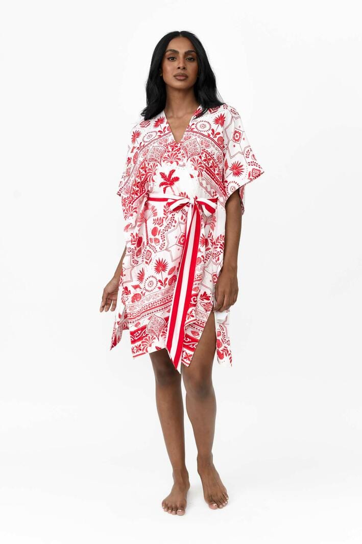 Possi the Label Zahlia Short Kimono Mediterranean - Red & White Splash Swimwear Clothing