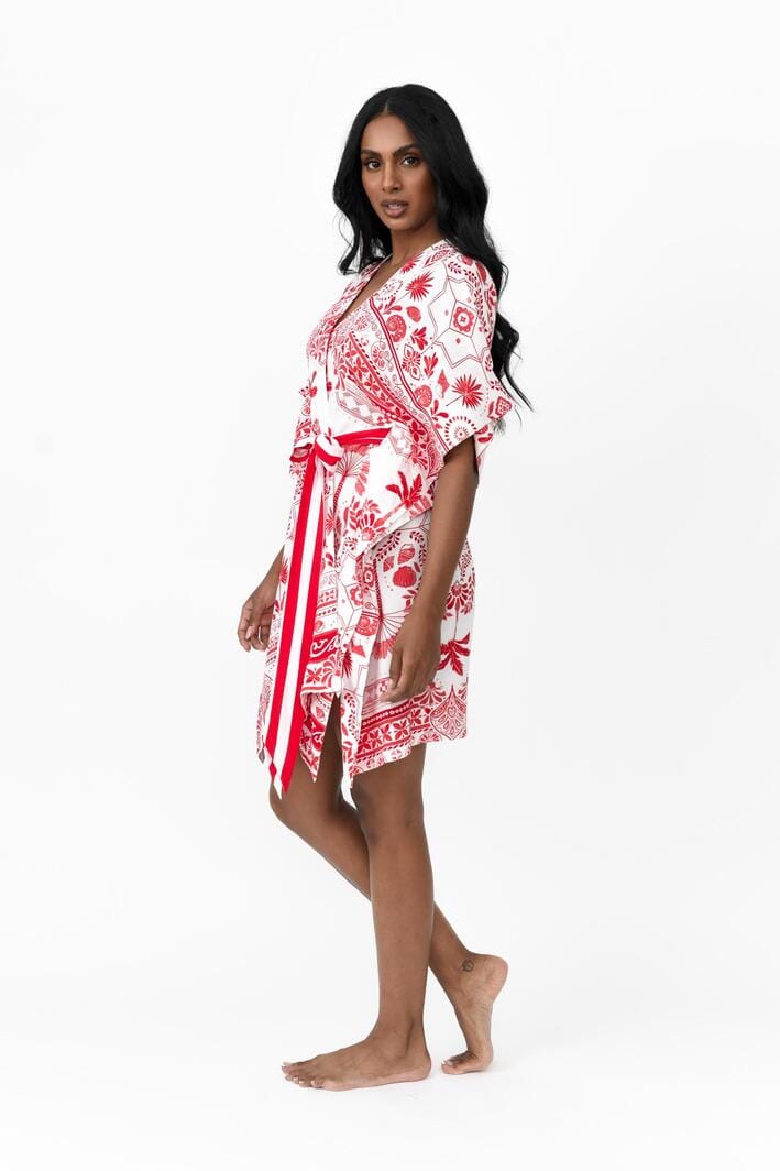 Possi the Label Zahlia Short Kimono Mediterranean - Red & White Splash Swimwear Clothing