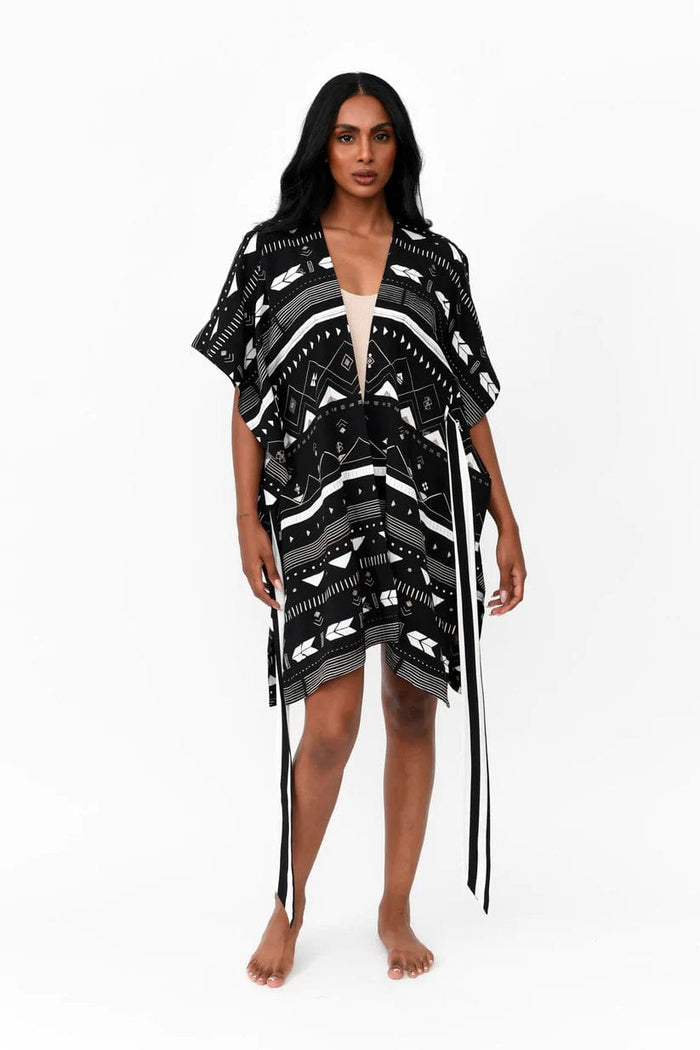 Zahlia Short Kimono Tribal - Black & Silver - Possi the Label - Splash Swimwear  - Dec22, kaftans & cover ups, kimonos, possi the label, Womens - Splash Swimwear 