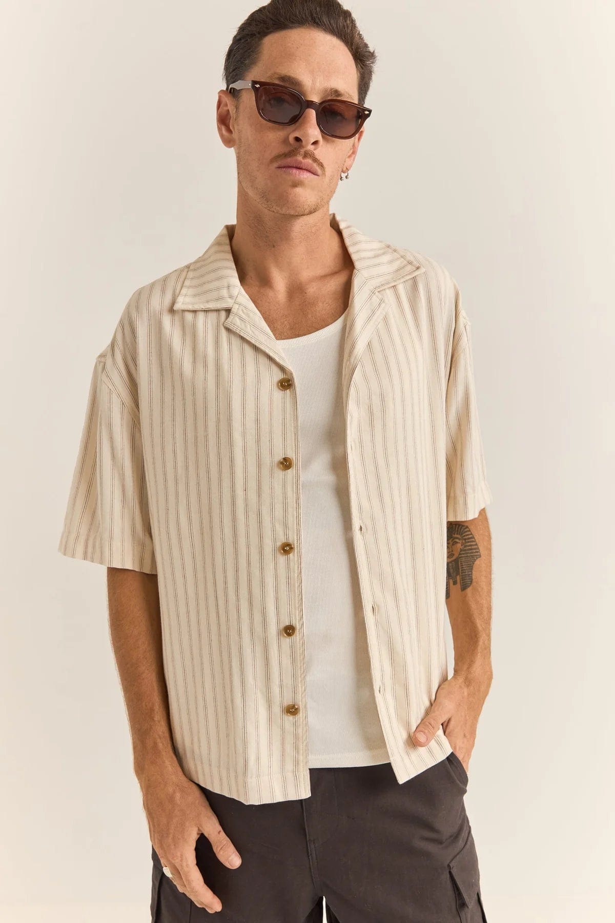 Rhythm Mens Relaxed Stripe Short Sleeve Shirt - Natural Rhythm Relaxed Stripe Short Sleeve Shirt - Natural Splash Swimwear Mens Shirt