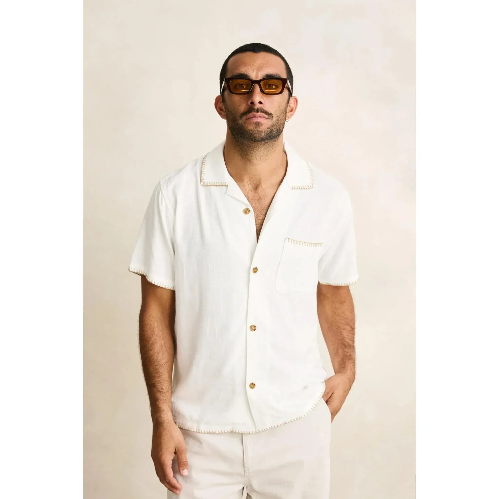 Rhythm Mens Rhythm Linen Whip Stitch Short Sleeved Shirt - Vintage White Rhythm Linen Whip Stitch Short Sleeved Shirt - Vintage White Splash Swimwear