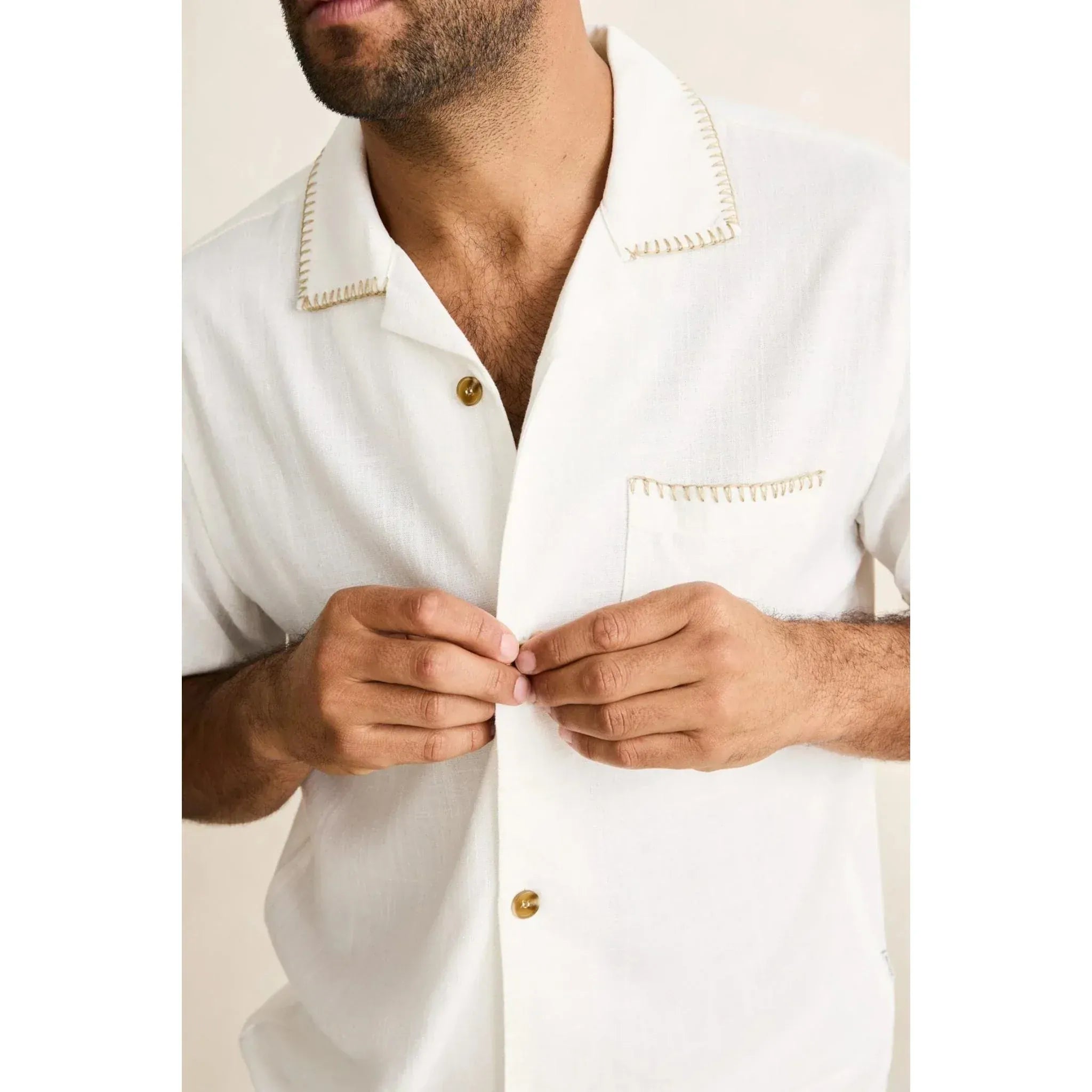 Rhythm Mens Rhythm Linen Whip Stitch Short Sleeved Shirt - Vintage White Rhythm Linen Whip Stitch Short Sleeved Shirt - Vintage White Splash Swimwear