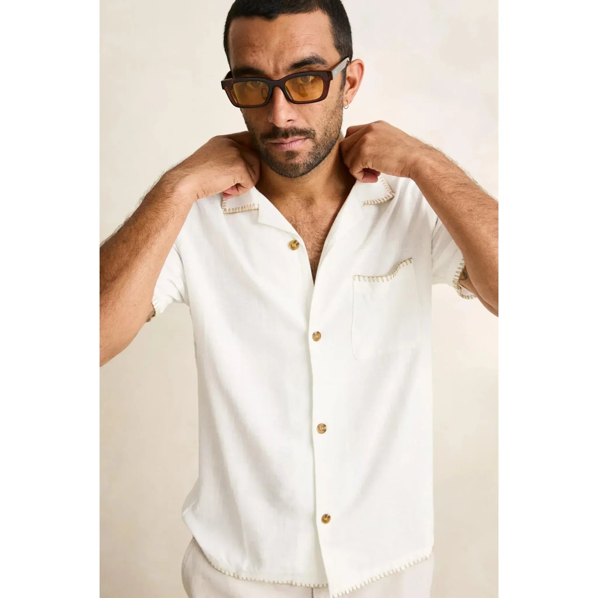 Rhythm Mens Rhythm Linen Whip Stitch Short Sleeved Shirt - Vintage White Rhythm Linen Whip Stitch Short Sleeved Shirt - Vintage White Splash Swimwear
