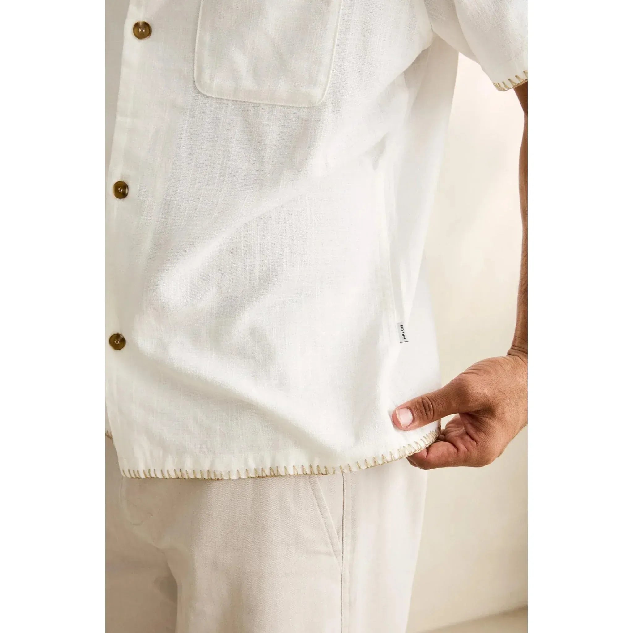 Rhythm Mens Rhythm Linen Whip Stitch Short Sleeved Shirt - Vintage White Rhythm Linen Whip Stitch Short Sleeved Shirt - Vintage White Splash Swimwear
