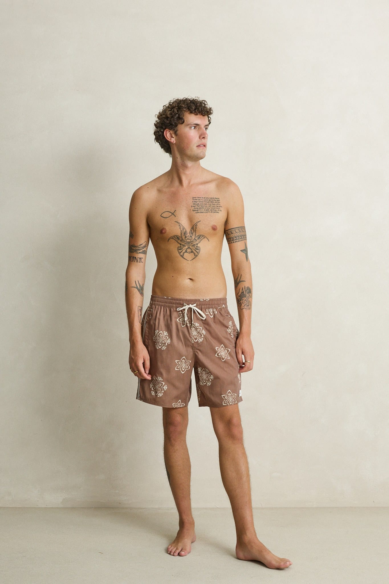 Rhythm Mens Rhythm Mens Heritage Doily Beach Short - Oak Rhythm Mens Heritage Doily Beach Short Oak Splash Swimwear Mens Shorts