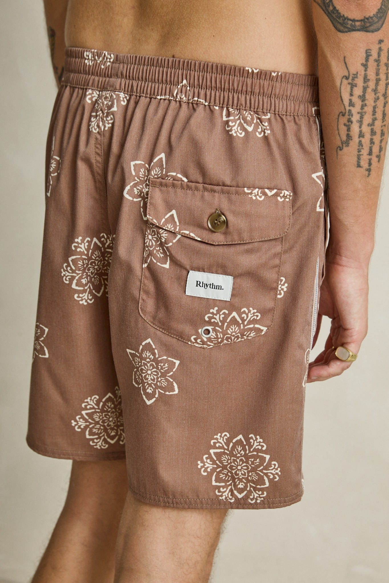 Rhythm Mens Rhythm Mens Heritage Doily Beach Short - Oak Rhythm Mens Heritage Doily Beach Short Oak Splash Swimwear Mens Shorts