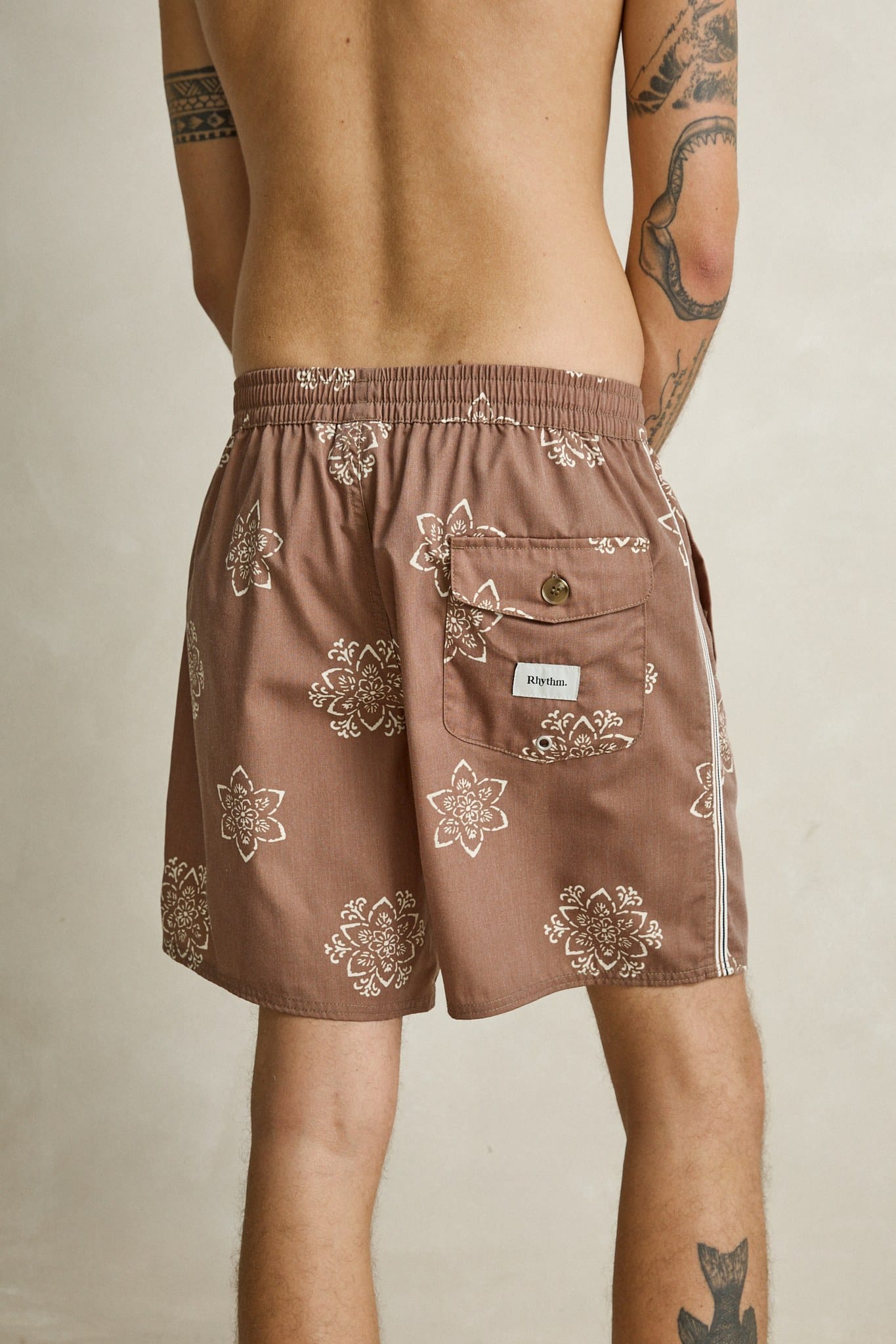 Rhythm Mens Rhythm Mens Heritage Doily Beach Short - Oak Rhythm Mens Heritage Doily Beach Short Oak Splash Swimwear Mens Shorts