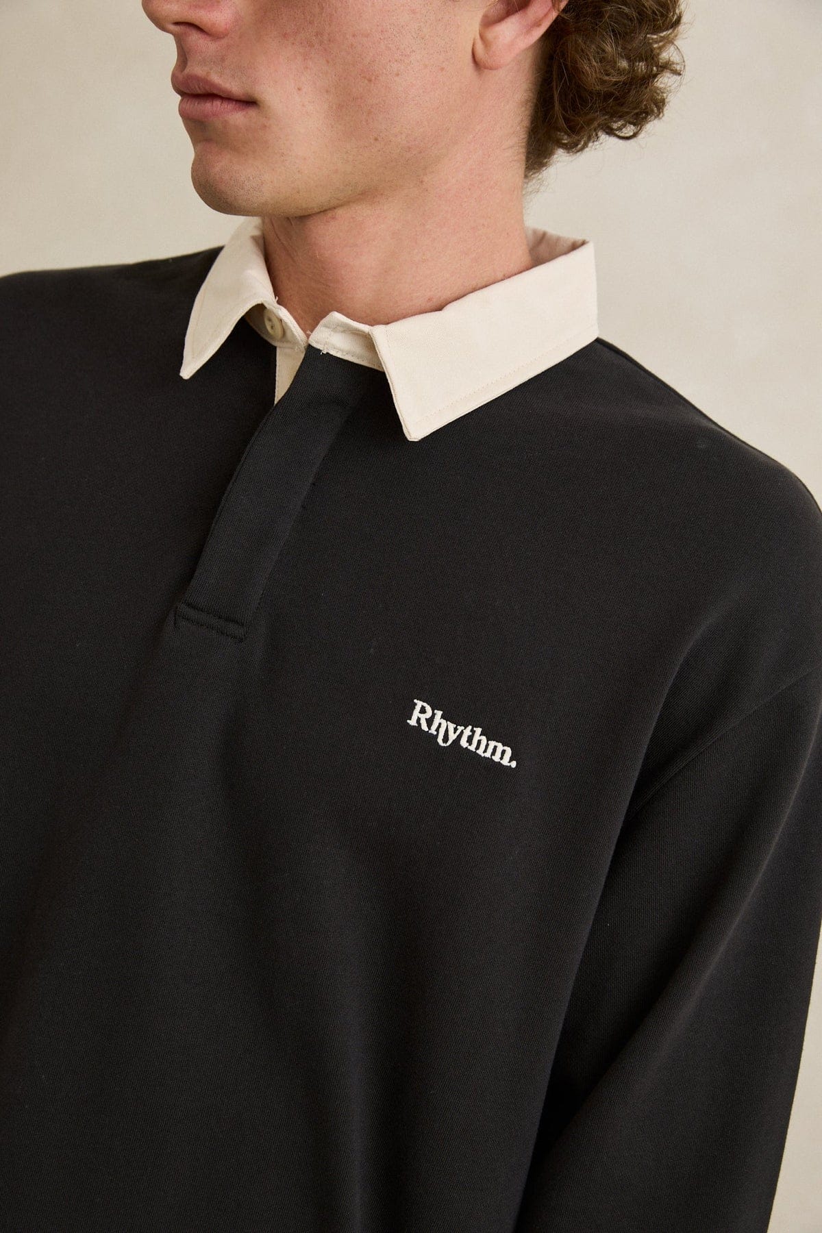 Rhythm Mens Rhythm Mens Koa Vintage Rugby LS Polo - Black Rhythm Mens Koa Vintage Rugby LS Polo - Black Splash Swimwear Mens Clothing