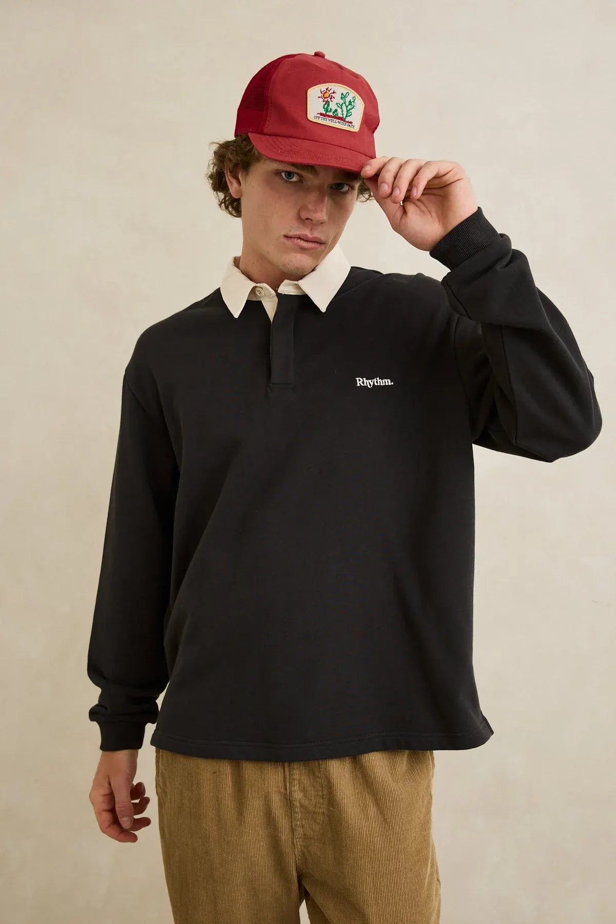 Rhythm Mens Rhythm Mens Koa Vintage Rugby LS Polo - Black Rhythm Mens Koa Vintage Rugby LS Polo - Black Splash Swimwear Mens Clothing