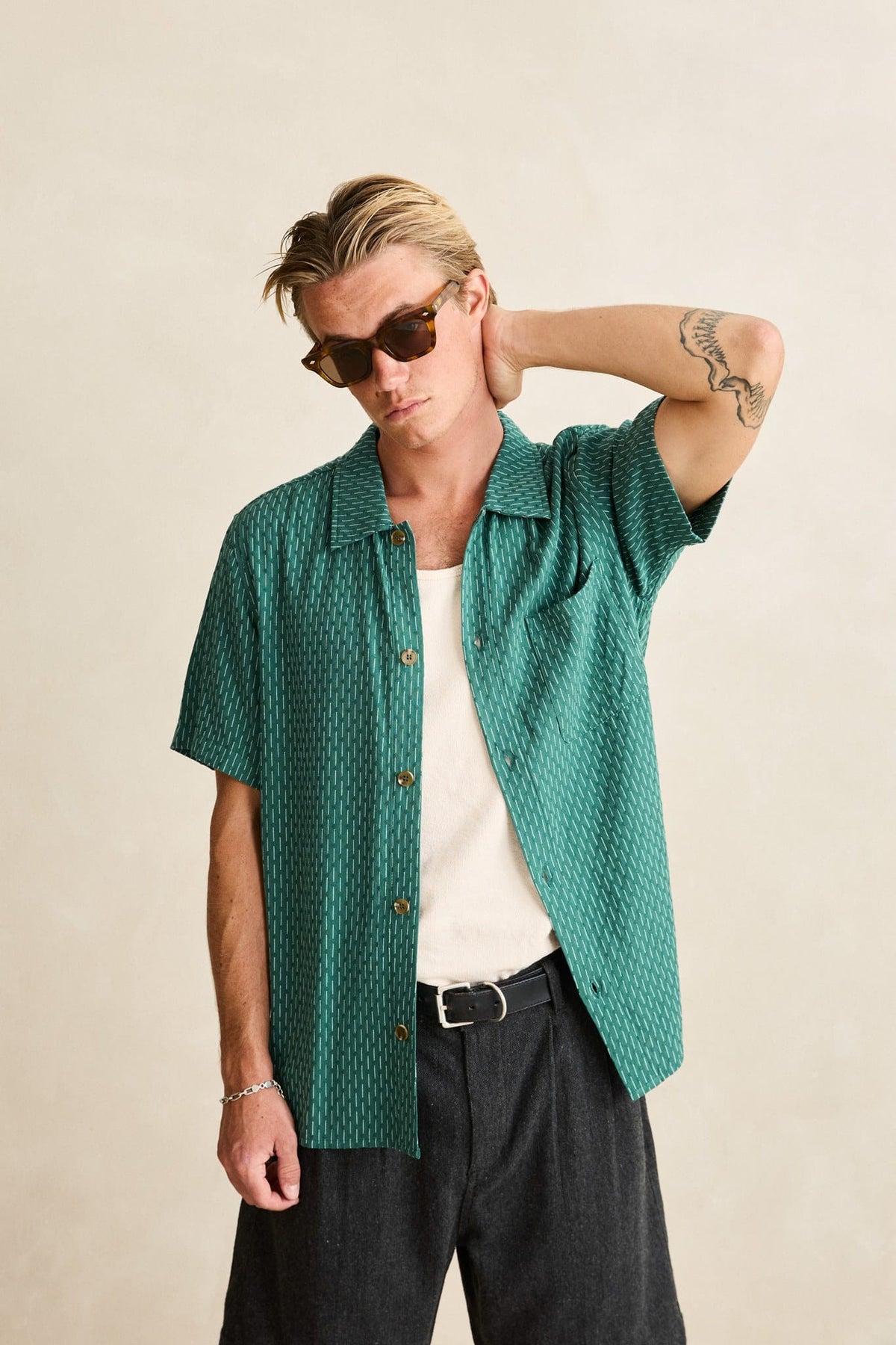 Rhythm Mens Rhythm Mens Linen Float Stitch SS Shirt - Pine Rhythm Mens Linen Float Stitch SS Shirt Pine Splash Swimwear Mens Shirt