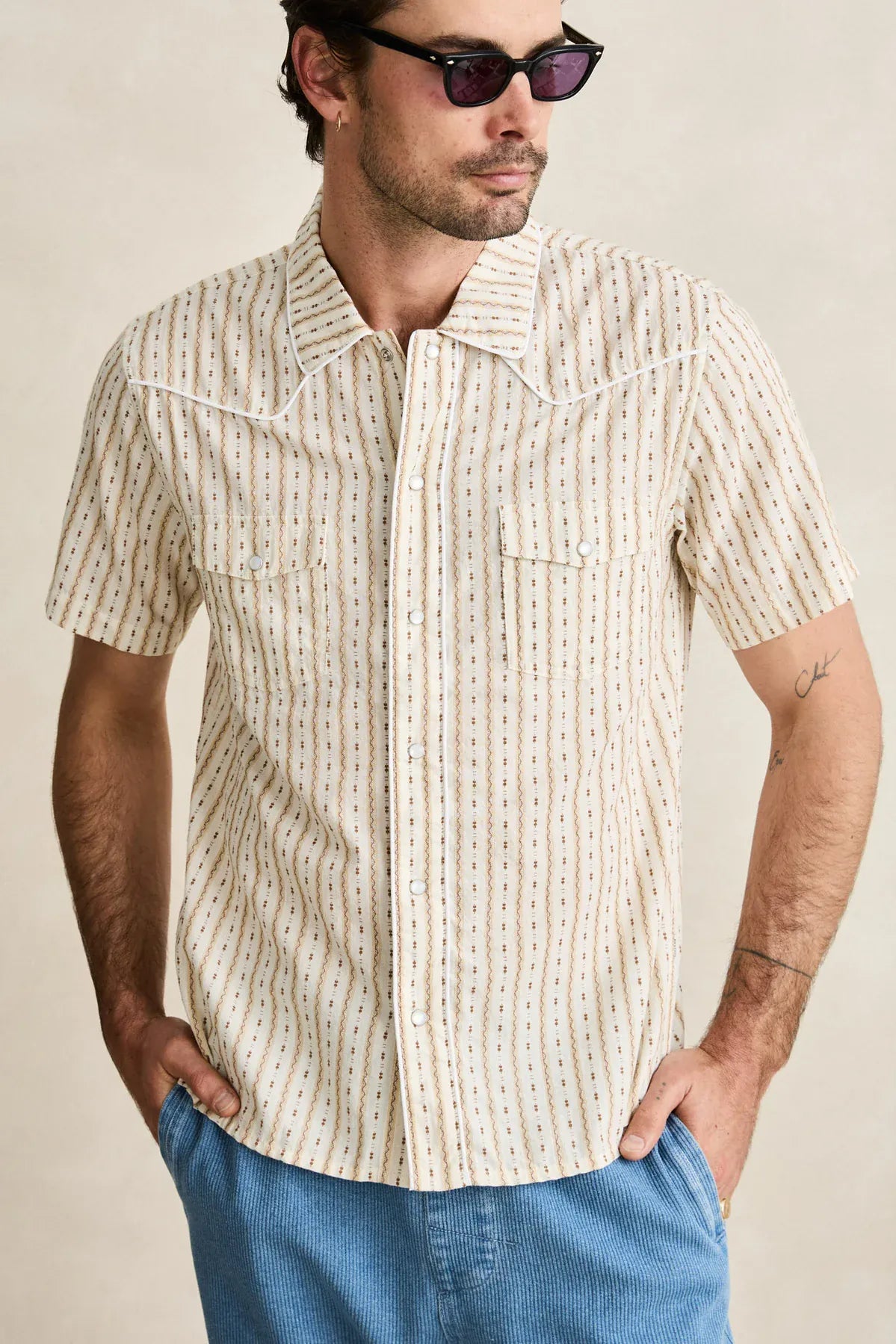 Rhythm Mens Rhythm Mens Lone Pine Stripe SS Shirt - Natural Rhythm Mens Lone Pine Stripe SS Shirt - Natural Splash Swimwear Mens Shirt