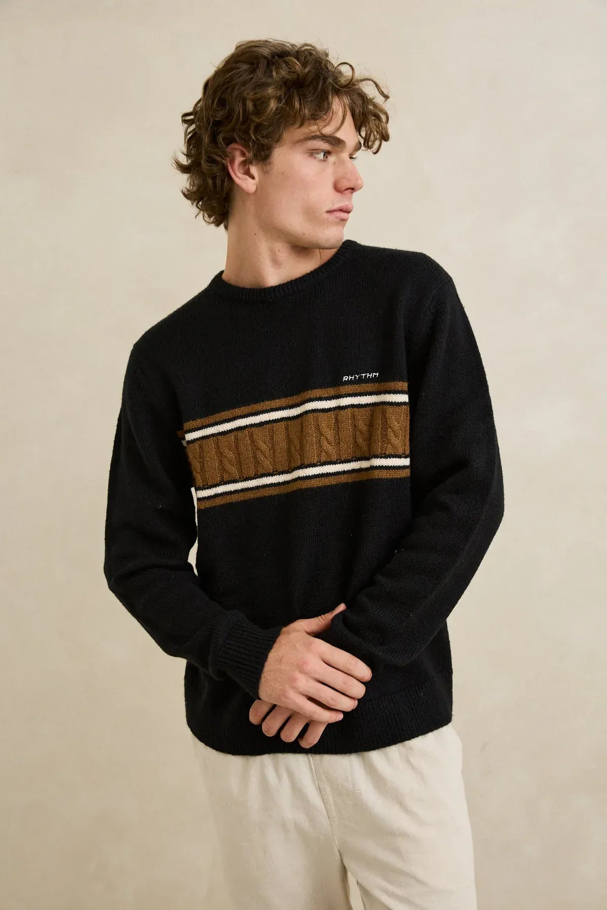 Rhythm Mens Rhythm Mens Mohair Stripe Knit - Black Rhythm Mens Mohair Stripe Knit - Black Splash Swimwear Mens Clothing