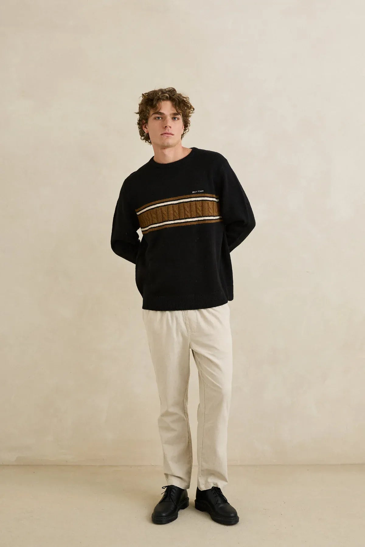 Rhythm Mens Rhythm Mens Mohair Stripe Knit - Black Rhythm Mens Mohair Stripe Knit - Black Splash Swimwear Mens Clothing