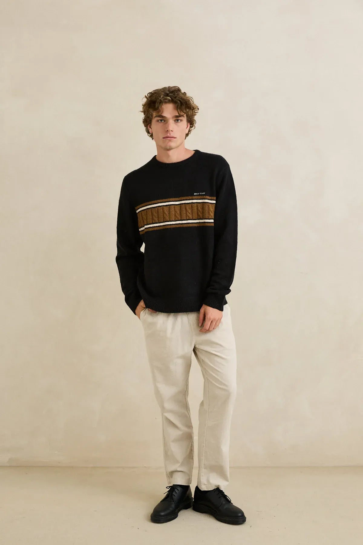 Rhythm Mens Rhythm Mens Mohair Stripe Knit - Black Rhythm Mens Mohair Stripe Knit - Black Splash Swimwear Mens Clothing