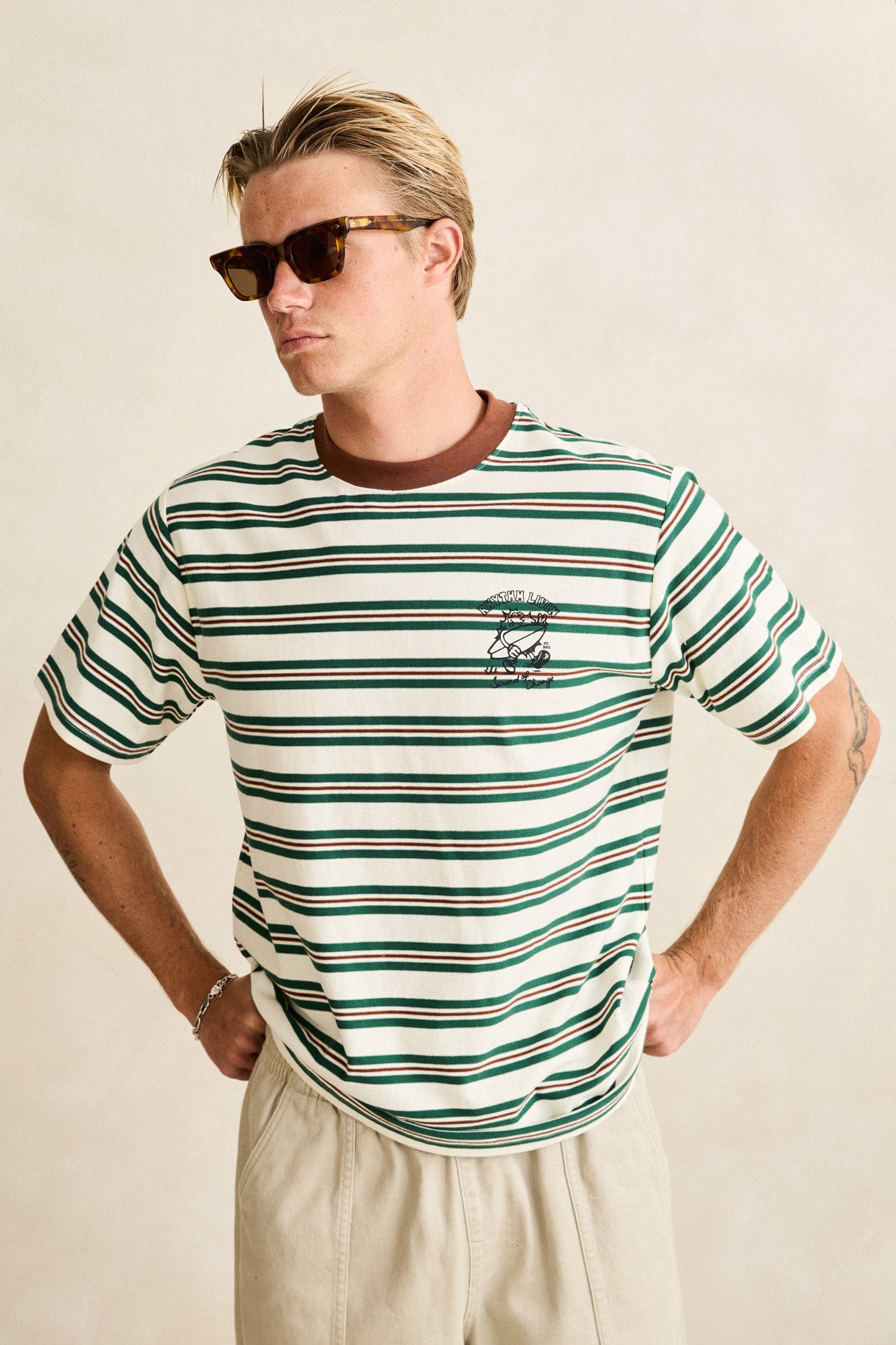 Rhythm Mens Rhythm Mens Peace Sun Vintage Stripe SS T-Shirt - White Rhythm Mens Peace Sun Vintage Stripe SS T-Shirt White Splash Swimwear Mens Tee