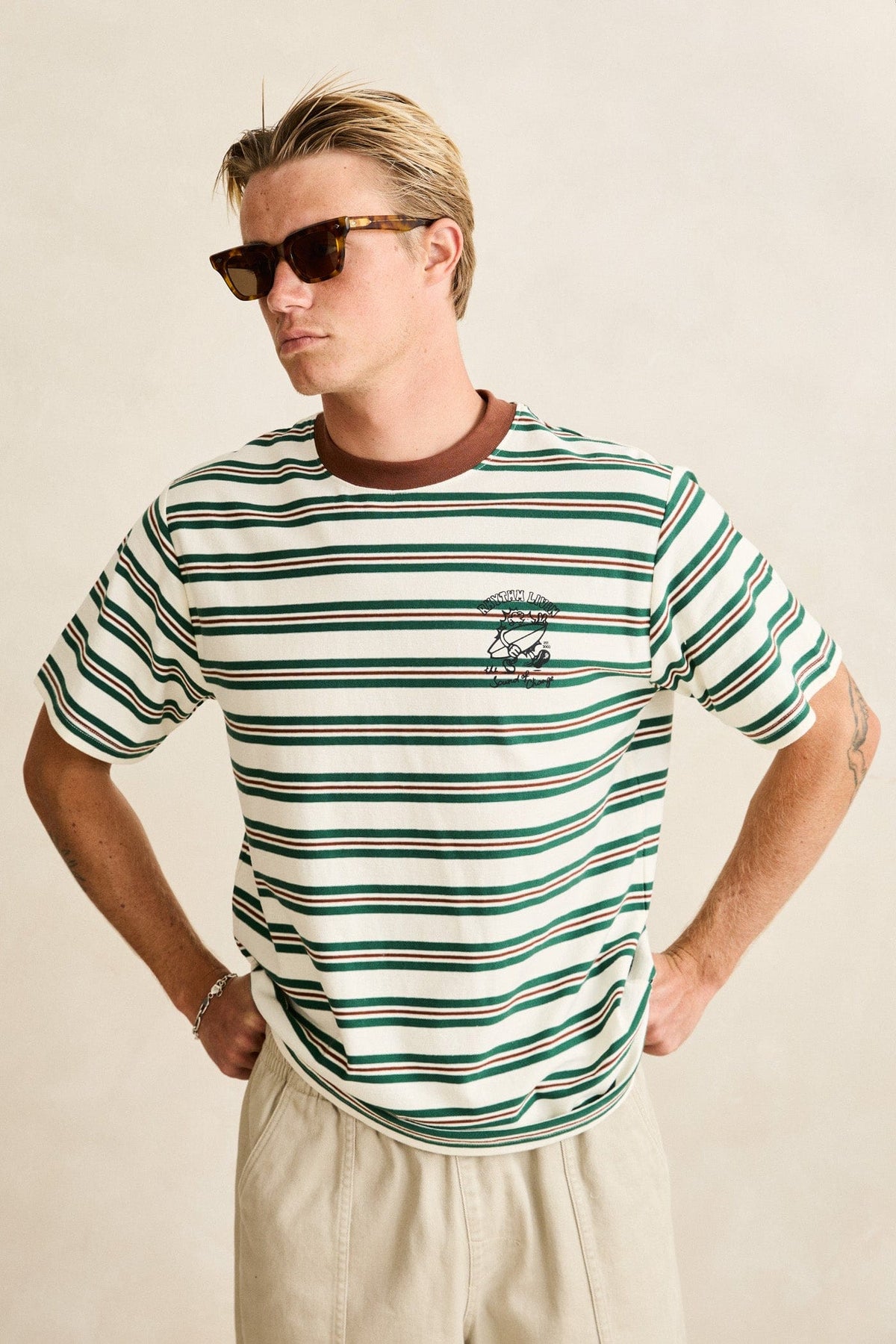 Rhythm Mens Rhythm Mens Peace Sun Vintage Stripe SS T-Shirt - White Rhythm Mens Peace Sun Vintage Stripe SS T-Shirt White Splash Swimwear Mens Tee