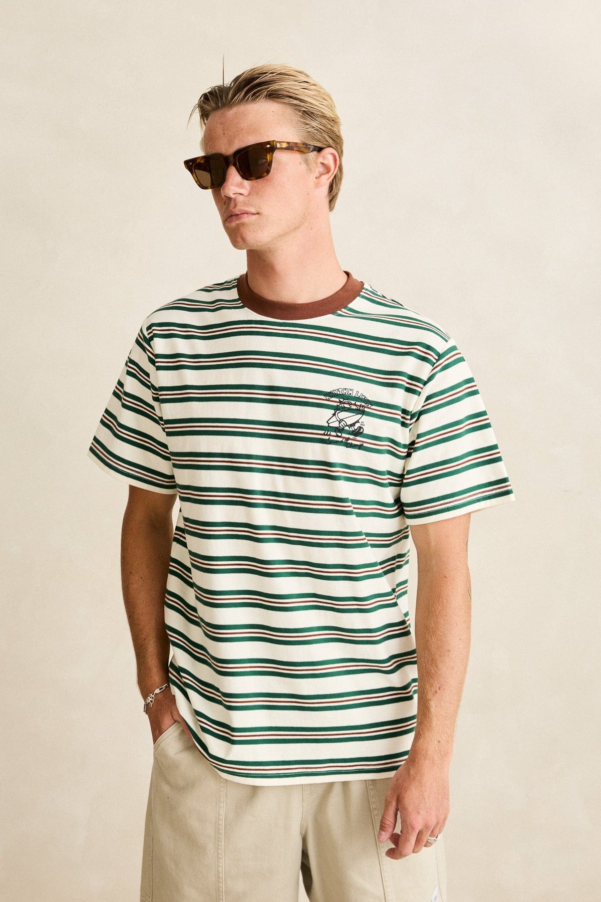 Rhythm Mens Rhythm Mens Peace Sun Vintage Stripe SS T-Shirt - White Rhythm Mens Peace Sun Vintage Stripe SS T-Shirt White Splash Swimwear Mens Tee