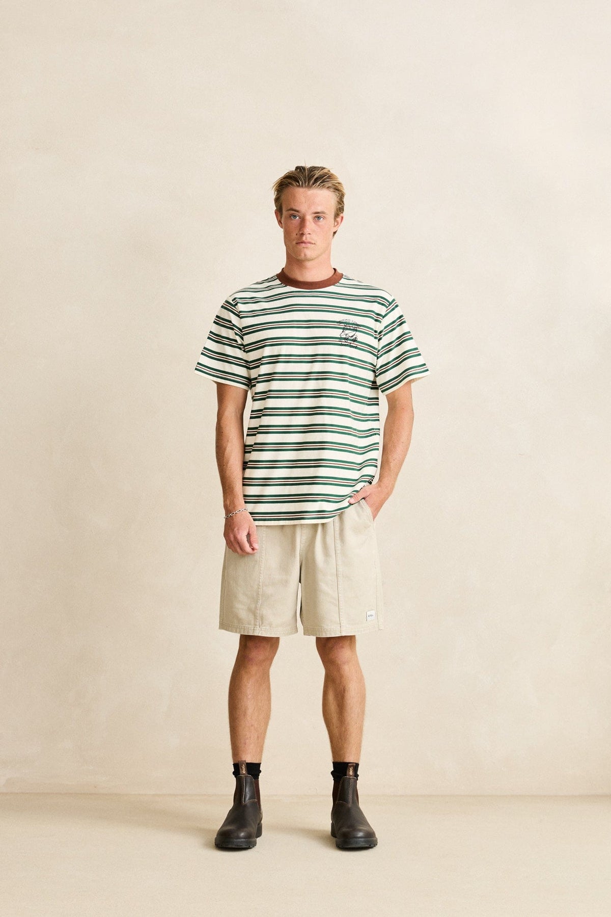 Rhythm Mens Rhythm Mens Peace Sun Vintage Stripe SS T-Shirt - White Rhythm Mens Peace Sun Vintage Stripe SS T-Shirt White Splash Swimwear Mens Tee