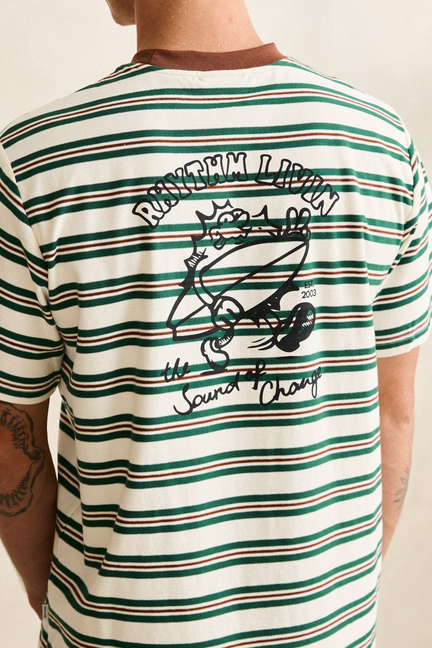 Rhythm Mens Rhythm Mens Peace Sun Vintage Stripe SS T-Shirt - White Rhythm Mens Peace Sun Vintage Stripe SS T-Shirt White Splash Swimwear Mens Tee