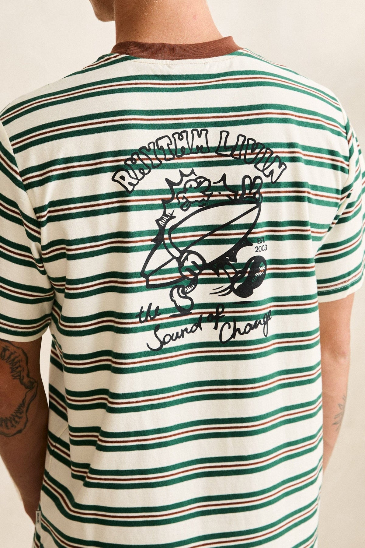 Rhythm Mens Rhythm Mens Peace Sun Vintage Stripe SS T-Shirt - White Rhythm Mens Peace Sun Vintage Stripe SS T-Shirt White Splash Swimwear Mens Tee