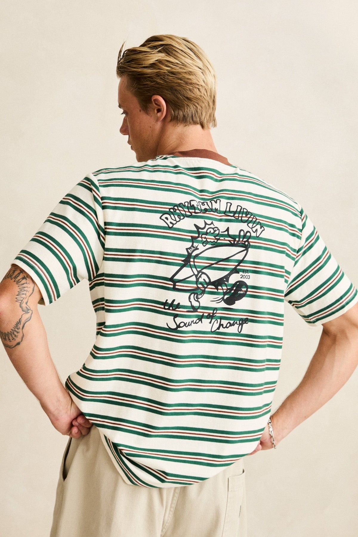 Rhythm Mens Rhythm Mens Peace Sun Vintage Stripe SS T-Shirt - White Rhythm Mens Peace Sun Vintage Stripe SS T-Shirt White Splash Swimwear Mens Tee