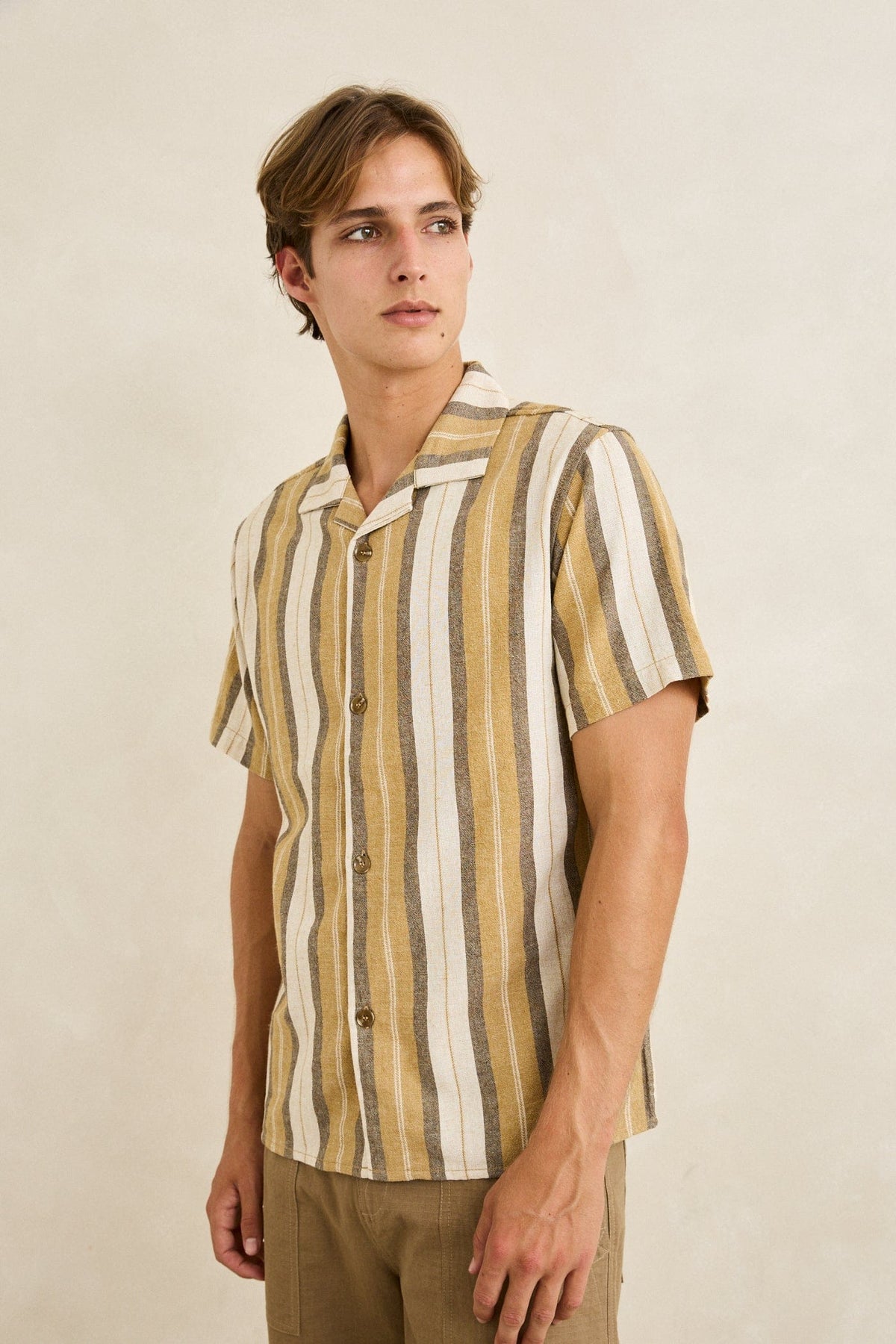 Rhythm Mens Rhythm Mens Vacation Stripe SS Shirt - Sand Rhythm Mens Vacation Stripe SS Shirt Sand Splash Swimwear Mens Shirt