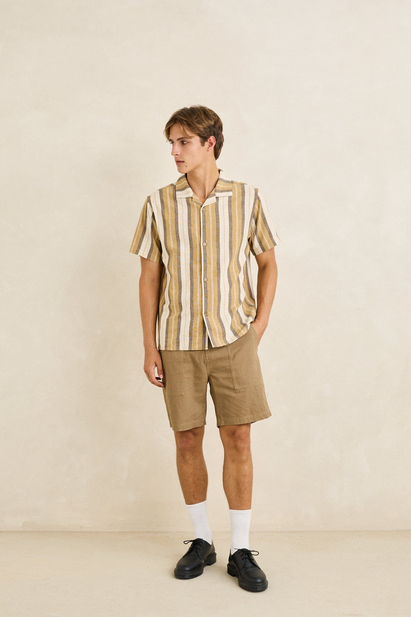 Rhythm Mens Rhythm Mens Vacation Stripe SS Shirt - Sand CD25M-WT73-SAN-S Rhythm Mens Vacation Stripe SS Shirt Sand Splash Swimwear Mens Shirt S 9360397459043