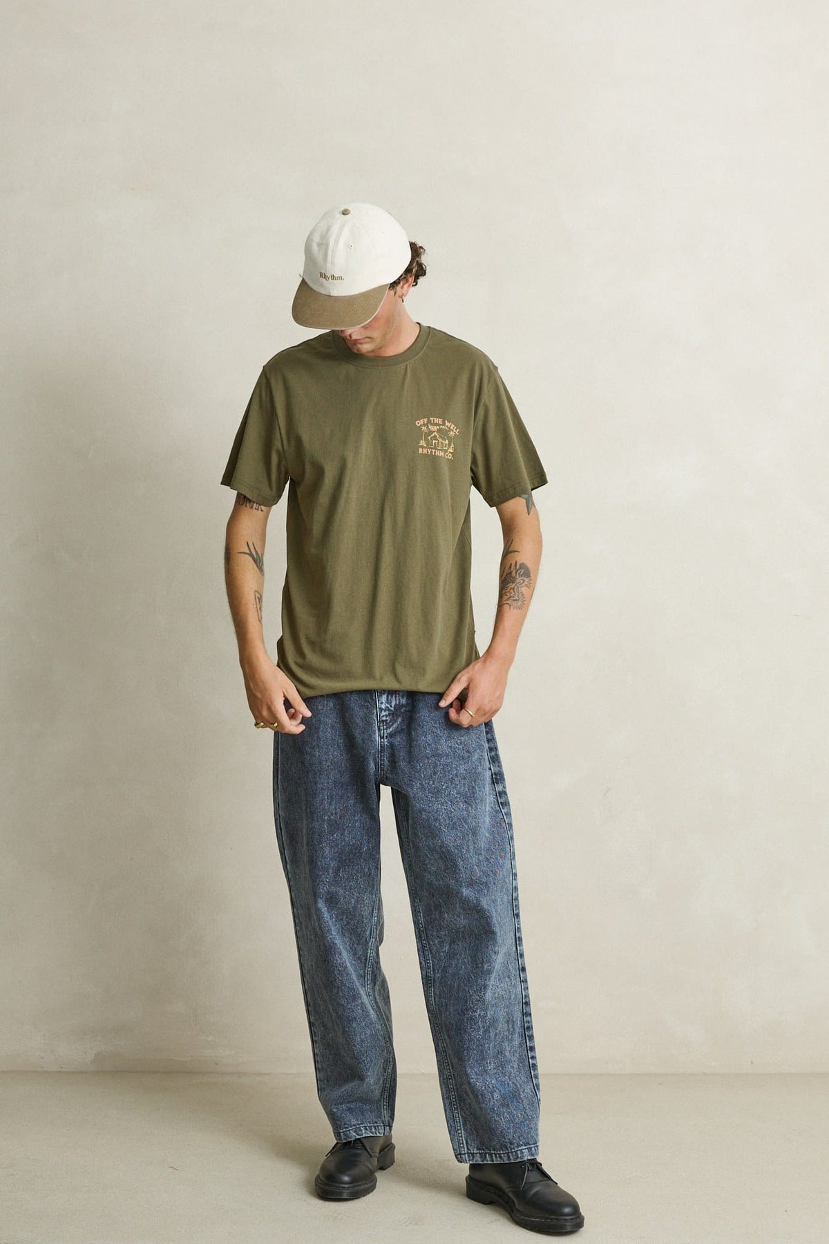 Rhythm Mens Rhythm Mens Worn Path SS T-Shirt - Olive Rhythm Mens Worn Path SS T-Shirt Olive Splash Swimwear Mens Tee