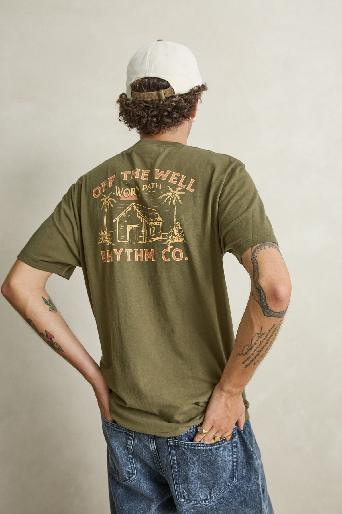 Rhythm Mens Rhythm Mens Worn Path SS T-Shirt - Olive Rhythm Mens Worn Path SS T-Shirt Olive Splash Swimwear Mens Tee