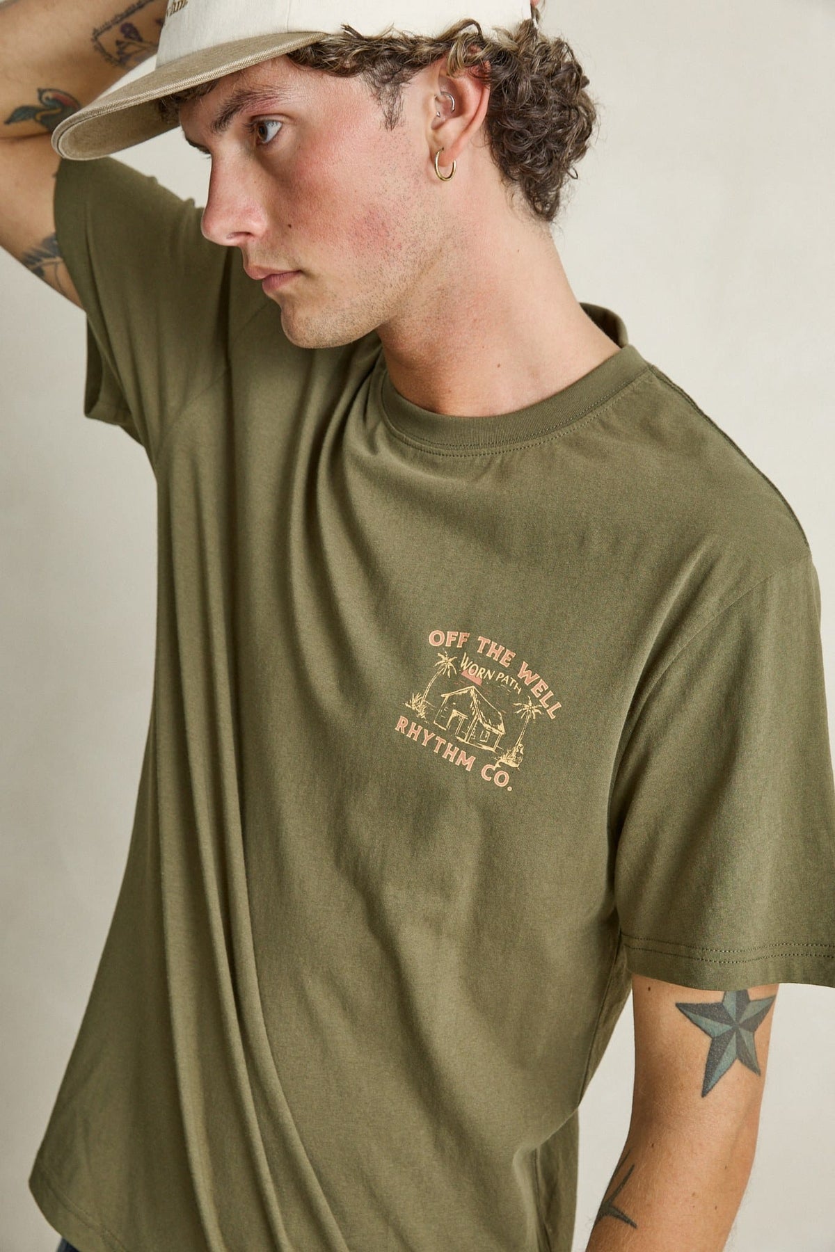 Rhythm Mens Rhythm Mens Worn Path SS T-Shirt - Olive Rhythm Mens Worn Path SS T-Shirt Olive Splash Swimwear Mens Tee