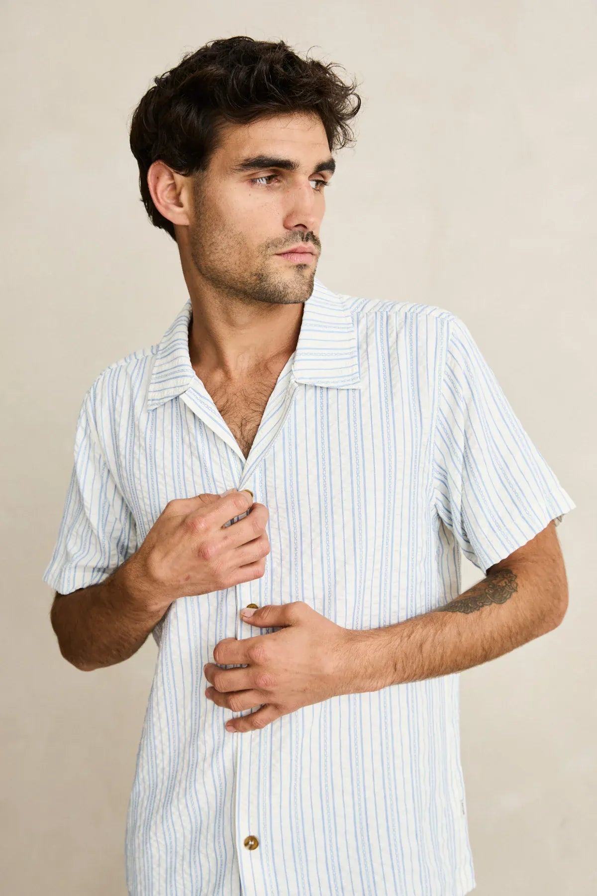 Rhythm Mens Rhythm Novelty Stripe SS Shirt - White Rhythm Novelty Stripe SS Shirt - White Splash Swimwear Mens Shirt